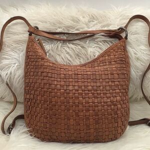 Woven Leather Shoulder Bag-convertible backpack in Cognac Brown
